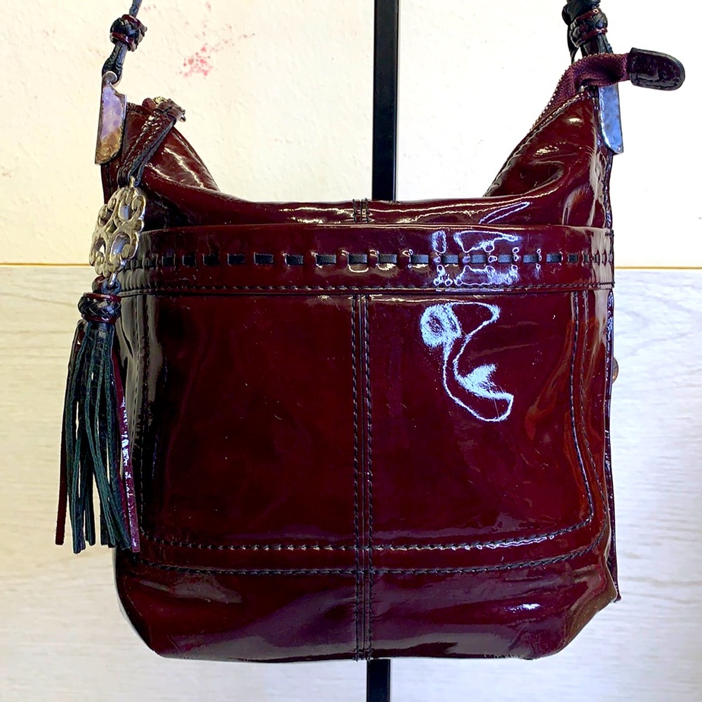 Brighton maroon patent leather shoulder bag with black contrasting leather.